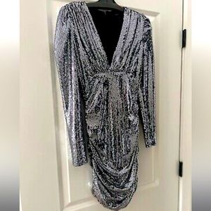 BCBG Maxazria All Over Silver Sequins Ruched Body Con Cocktail Dress